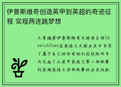 伊普斯维奇创造英甲到英超的奇迹征程 实现两连跳梦想